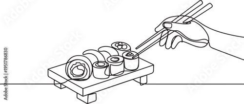Sushi set, Philadelphia roll, maki, Sushi roll with chopsticks in hand one line art. Continuous line drawing of sushi, japanese, food, roll, culture, tasty. one line Icon drawing