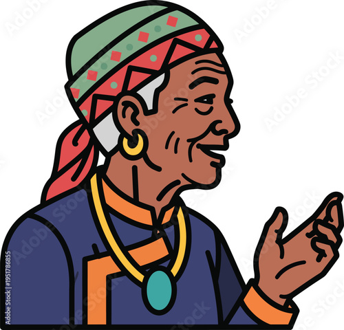 Elderly Person Wearing Traditional Attire and Jewelry.