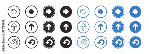 Arrow direction icon set vector sign symbol navigation pointer interface ui cursor move forward backward up down left right circle button round collection element on transparent background