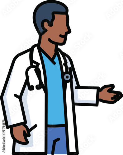 Doctor wearing stethoscope and lab coat gesturing welcomingly.