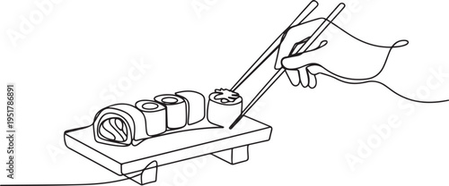 Sushi set, Philadelphia roll, maki, Sushi roll with chopsticks in hand one line art. Continuous line drawing of sushi, japanese, food, roll, culture, tasty. one line Icon drawing