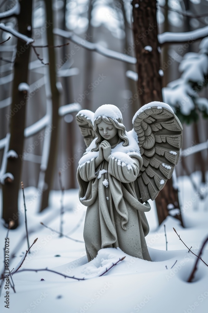 Fototapeta premium A solitary, ancient stone statue of an angel hidden deep in the woods, its face and wings softened by a thick layer of snow.