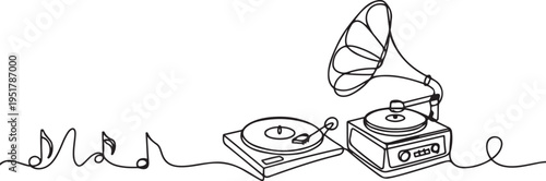 Record Player set, Turntable, Gramophone, tape recorder one line art. Continuous line drawing of vinyl, record, melody, studio, electronic, music, vintage, dj. one line Icon drawing