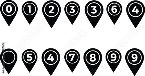A collection of black map pin icons featuring numerical digits arranged in two orderly horizontal rows Vector