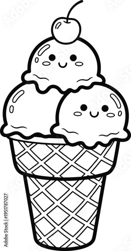 Cartoon illustration of a happy ice cream cone with smiling scoops