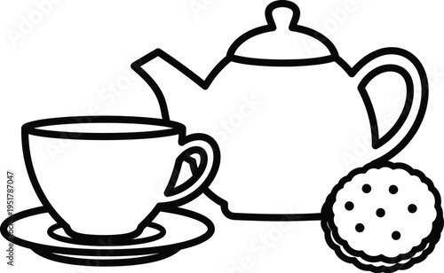 A simple line drawing of a teacup teapot and cookie