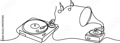 Record Player set, Turntable, Gramophone, tape recorder one line art. Continuous line drawing of vinyl, record, melody, studio, electronic, music, vintage, dj. one line Icon drawing