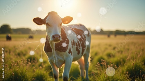 A cow stands in a sunlit field, overlaid with digital network graphics, representing the connection between agriculture and technology. 
