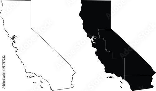 A comparison of the california state outline against a silhouette map with internal boundaries Vector