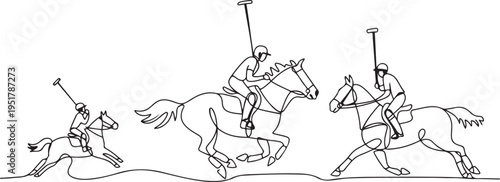 Horseback riding and horse polo set one line art. Continuous line drawing rider, saddle, trot, horse 
