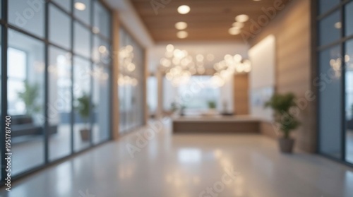 Blurred office interior background with a blurred door and glass wall, blurry bokeh light effect for a business concept design. High-quality photo, taken with a telephoto lens in realistic daylight.