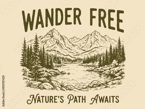 Wander Free. Nature's path awaits. Adventure at the mountain graphic artwork for t shirt and others. Mountain with tree retro vintage print design. outdoors mountain, mountain prints. autumn winter