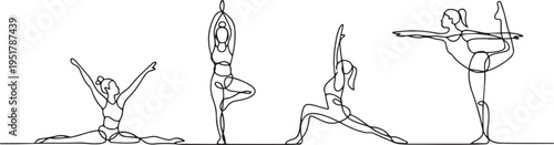 Gymnast, yoga, fitness people, training set one line art. Continuous line drawing sports, pilates, athletics, lunges, strength, athletic, woman, gym. one line Icon drawing