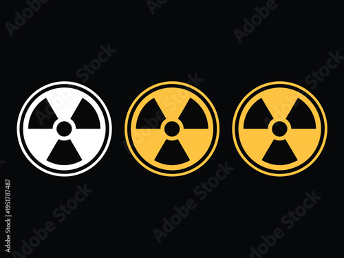 Radiation warning symbol set, black and yellow hazard icons with nuclear danger signs arranged horizontally on dark background.