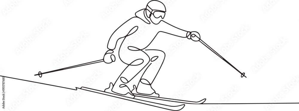 Fototapeta premium Man goes skiing with ski, racing poles and goggles set one line art. Continuous line drawing sport, winter sports, do tricks, skis, ski poles. one line Icon drawing