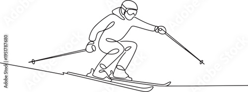 Man goes skiing with ski, racing poles and goggles set one line art. Continuous line drawing sport, winter sports, do tricks, skis, ski poles. one line Icon drawing