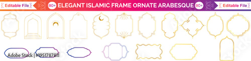 Ramadan ornament set with golden arch frames in various traditional styles. Islamic geometric patterns in decorative windows for holiday greeting cards and cultural event backgrounds on deep blue.