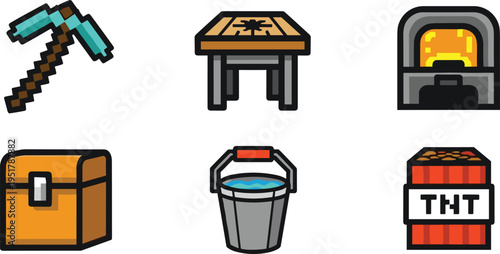 Pixel game tools vector set. Mining icons with pickaxe, furnace, TNT, chest, and crafting table. Retro 8-bit elements for gaming and UI design.