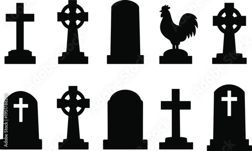 Collection of black gravestone and tombstone silhouettes featuring crosses, headstones, and symbolic designs, ideal for cemetery themes, memorial art, and cultural illustration projects