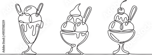 Ice cream sundae continuous line drawing set. One line art of dairy produce, milk products, food. one line Icon drawing
