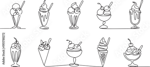 Ice cream sundae continuous line drawing set. One line art of dairy produce, milk products, food. one line Icon drawing