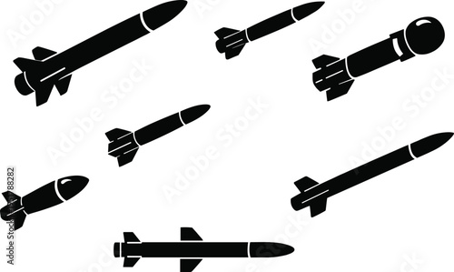 Collection of black missile silhouettes in diverse designs with varied fins and nose shapes, ideal for military illustration, technical study, and educational design projects