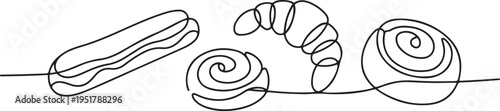 Pastries, sweet buns one line set art. Continuous line drawing of eclairs, croissant, cinnabon. one line Icon drawing