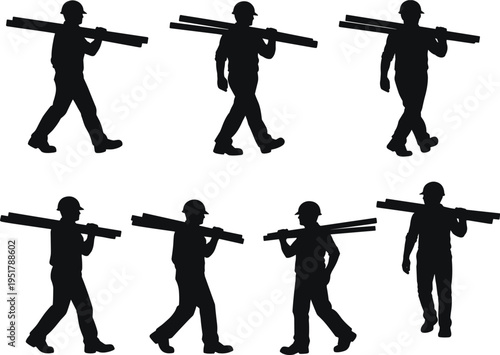 Black silhouettes of construction workers carrying beams, symbolizing manual labor, occupational safety, teamwork, industrial strength, building industry, 