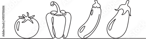 Vegetables one line set. Continuous line drawing of tomato, bell pepper, zucchini, eggplant. one line Icon drawing