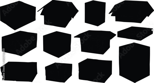 The image shows a collection of black-and-white geometric shapes, simplified boxes that were probably intended to be used as icons or design elements. The shapes are mostly angular and box-shaped,
