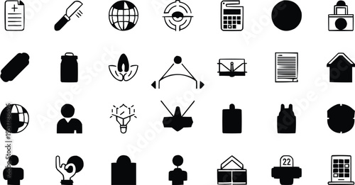 The image shows a collection of small, black-and-white icons arranged in a grid. The icons appear to represent different ideas or objects. A globe (representing the world or global connections). A tar