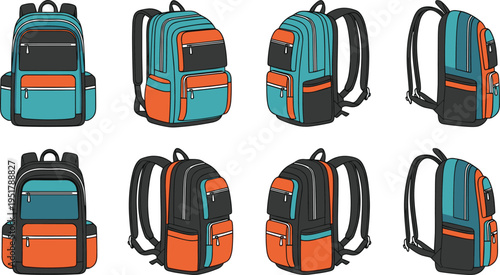 Collection of eight colorful backpacks in teal, orange, and black designs, vector illustration for travel, school, and product design