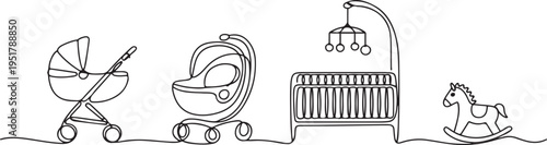 baby stroller, baby carrier, bed, mobile and horse toy one line art. Continuous line drawing of childhood, safety, protection, crib. one line Icon drawing