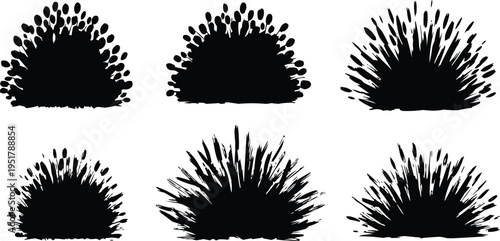 The image shows a collection of artistic, black-and-white paintings of bushes or clumps of grass. The style is simple and pictorial, with thick outlines and solid black areas. The images appear to hav
