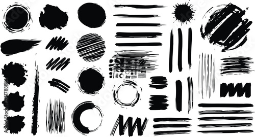 A collection of black brush strokes and circular designs on a white background. It appears to be a set of graphic elements or textures. Solid black circles with different textures. Brush strokes of va