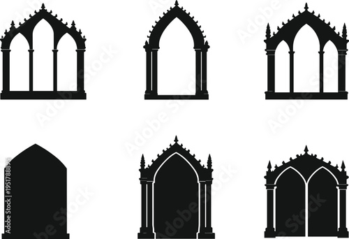 Black silhouettes of Gothic architectural windows and arches with ornate detailing, symbolizing medieval design, historic architecture, decorative tracery, and artistic heritage illustration