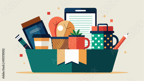 Flat illustration of gift hamper with office supplies coffee mug and notebook in decorative basket on neutral background