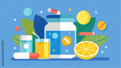 Flat illustration of marine collagen supplement with pills drink and citrus representing health and beauty benefits
