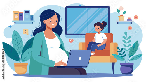 Flat illustration of wearable maternal monitoring with pregnant woman using laptop and child with healthcare tracking devices at home
