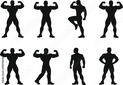 Black silhouettes of muscular male bodybuilders in competition poses, symbolizing fitness strength, bodybuilding art, athletic physique, gym training, and professional sports illustration design