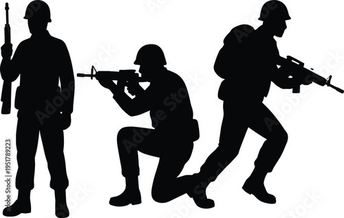 Black silhouettes of soldiers in tactical combat stances with rifles, symbolizing military action, defense, armed forces, war training, battlefield readiness, army illustration, security concept
