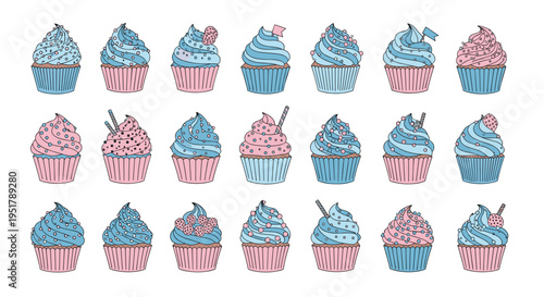 Twenty-one decorated cupcakes with blue and pink frosting are arranged in a grid on a clean white background.