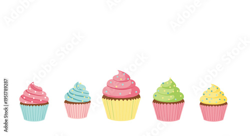 Five distinct decorated cupcakes with pastel frosting and sprinkles are arranged horizontally on a plain white background.