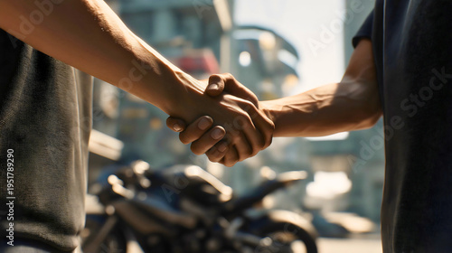 Professional handshake between two individuals finalizing a sport motorcycle deal in a sunny urban environment, high-end bike trade and purchase concept.