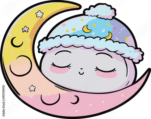 Colorful bold line art sticker of a sleepy moon wearing a nightcap, cozy cute design, white background 1