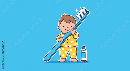 A cheerful cartoon baby in yellow polka-dot pajamas holds an oversized blue toothbrush against a solid light blue background.