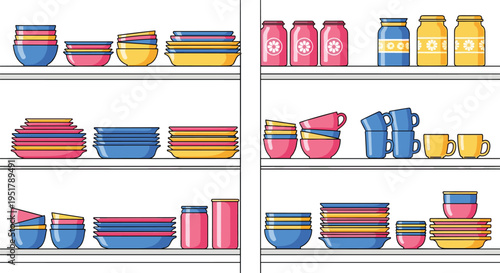 A split-panel illustration displays kitchen shelves filled with neatly organized stacks of colorful ceramic dishware.