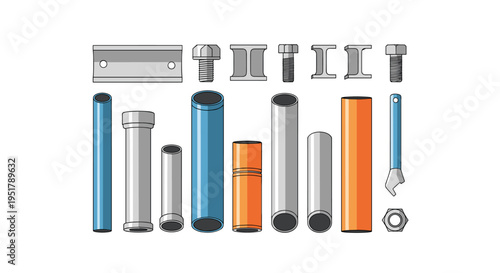 An organized display presents an array of colorful industrial pipes, various metal bolts, and structural beams arranged in neat rows on a simple white backdrop.