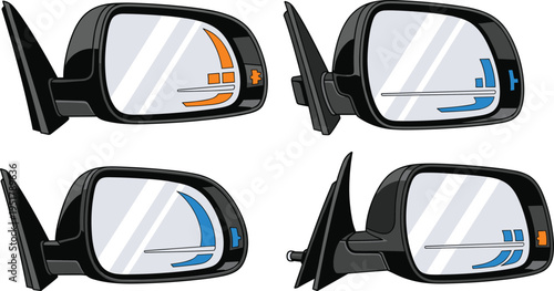 Vector illustration set of car side mirrors featuring blind spot monitoring, lane assist indicators, automotive safety, and vehicle design icons.