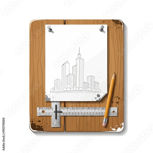 Architectural sketch of city skyline on wooden board with drawing tools